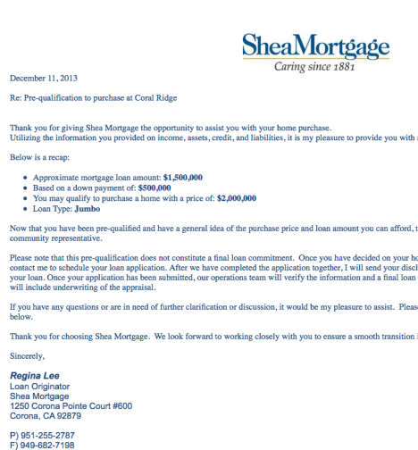Pre-Approval letter from builder's lender, Shea Mortgage. Actual letter will be presented to homeowner prior to showing.