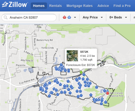 Zillow map showing 84 foreclosures in Anaheim.