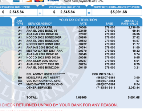 Sample tax bill from a residence in "Stadium Lofts" in Anaheim